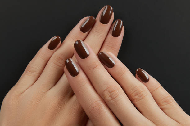 istock Beautiful groomed womans hands with brown nail design on black background 1543462057