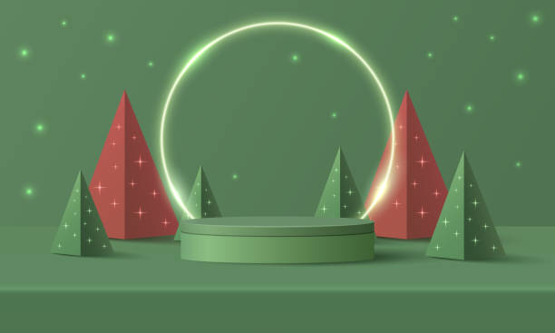 istock Abstract realistic 3D cylinder pedestal podium, Circle neon lighting background. Red, green pyramid christmas tree. Minimal wall scene mockup product display. Merry christmas and happy new year stage. 1543462784