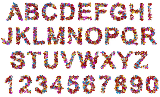 Flowers forming the alphabet from A-Z and numbers 0-9. 3D render with no intersections. Feel free to have a zoom in.