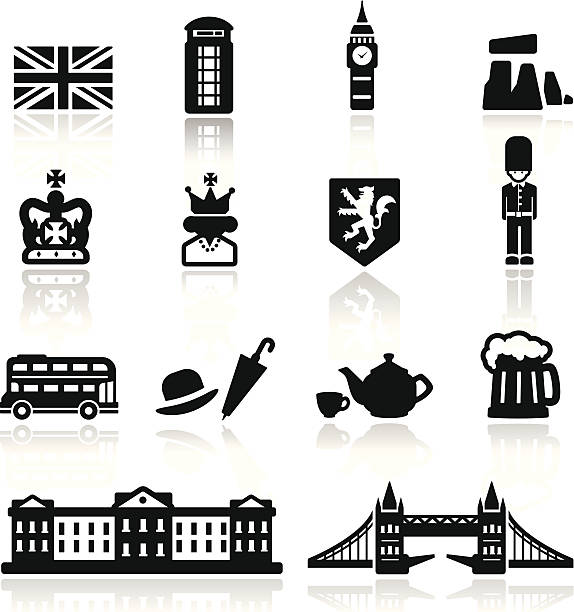 illustrazioni stock, clip art, cartoni animati e icone di tendenza di set di icone della cultura britannica - london england big ben bridge england