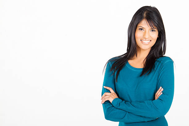 casual Hispanic woman on white