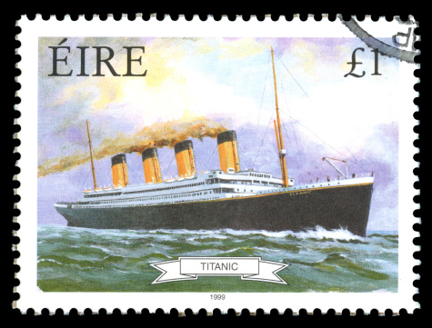 Republic of Ireland (Eire) postage stamp showing an image of RMS Titanic, built in Belfast , Ireland and sunk on its maiden voyage in 1912,from Southampton, England to New York, USA