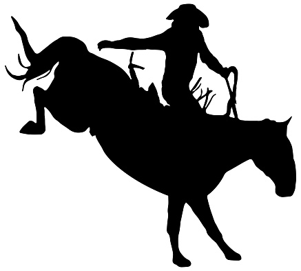 cowboy riding a bucking bronco at a rodeo in black silhouette isolated