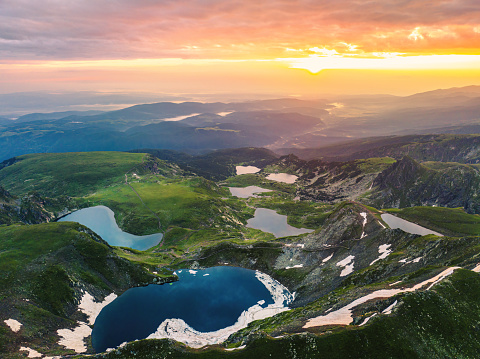 Aerial panoramic view of Seven Rila lakes in nature of mountain range st sunrise, hiking, trekking and tourism in Bulgaria