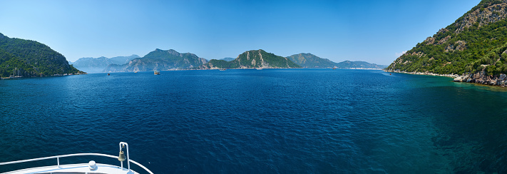 Rocky mountain Islands in the Bay of Marmaris. Seascape with blue sky.