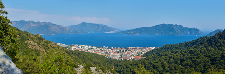Amazing top view on Marmaris Turkey resort near the Mediterranean Sea. Summer travel vacation.