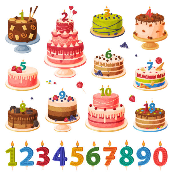 ilustraciones, imágenes clip art, dibujos animados e iconos de stock de pastel de cumpleaños y número de velas de edad establecidas. postre festivo con candelabrería en forma de número encendido ilustración vectorial de dibujos animados - pastel de cumpleaños