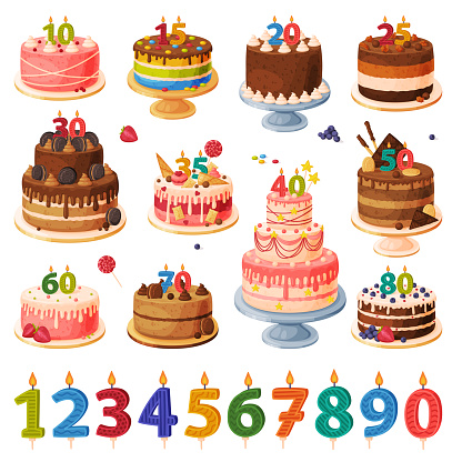 Birthday cake and burning candles set. Festive dessert with number shaped candles for celebration cartoon vector illustration isolated on white