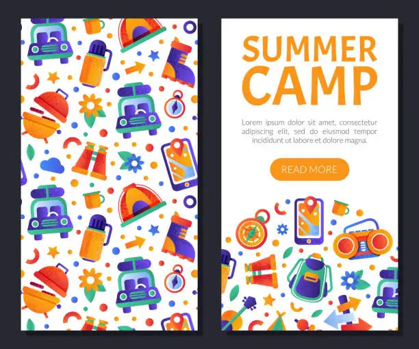 Vector illustration of Summer camp mobile app template. Camping festival, vacation or traveling activity landing page, website interface