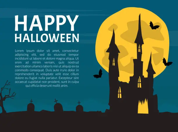 Vector illustration of Banner with Scary Halloween House with Ghost and Bats Vector Template