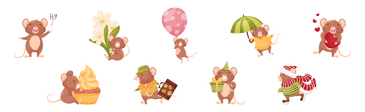 Cute Mouse Character Engaged in Different Activity Vector Set. Funny Comic Rodent as Woodland Creature Concept