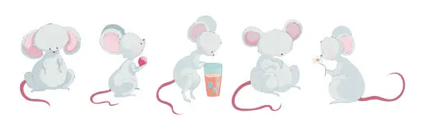 Vector illustration of Funny White Mouse Character with Long Pink Tail Vector Set
