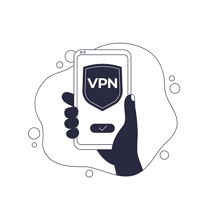 VPN app, smart phone in hand, vector illustration