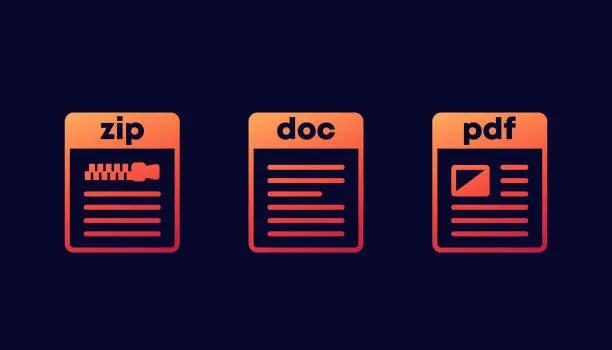 Vector illustration of Zip, doc and pdf file icons for web