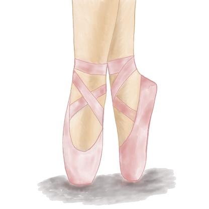 Drawing - legs of a girl in pointe shoes with a wide plan. Pink shoes. watercolor illustration