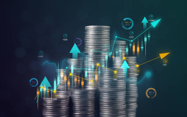 istock Stack of coins with graph chart growth up, Business marketing 1543541195
