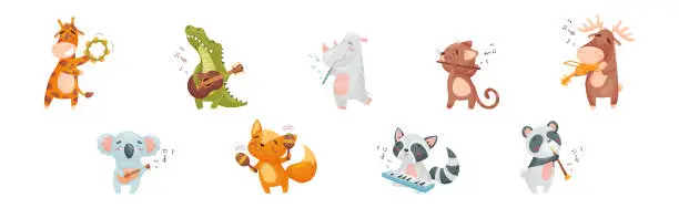 Vector illustration of Cute Animal Character Playing Musical Instruments Performing Concert Vector Set