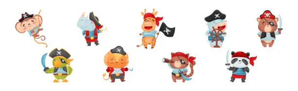 Vector illustration of Cute Little Animal Pirate in Corsair Hat and Bandana Vector Set