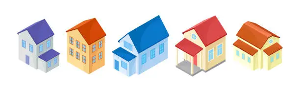 Vector illustration of Detached House or Residence as Free-standing Building Isometric Vector Set