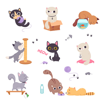 Cute Playful Cat as Domestic Pet with Funny Snout Engaged in Different Activity Vector Set. Pretty Naughty Kitten