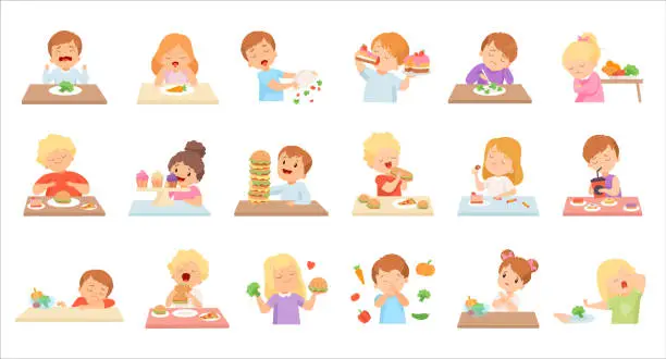 Vector illustration of Set of cute kids do not like healthy food and enjoying eating of fast food and sweets cartoon vector Illustration