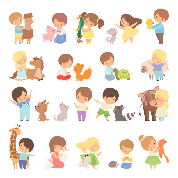 ilustrações de stock, clip art, desenhos animados e ícones de cute little boy and girl interacting with animal in petting zoo big vector set - zoo child llama animal