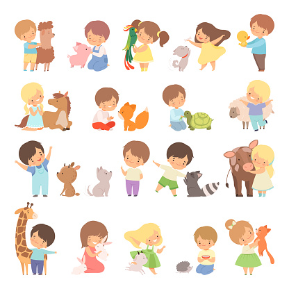 Cute Little Boy and Girl Interacting with Animal in Petting Zoo Big Vector Set. Smiling Kid at Children's Farm Contacting with Mammal Concept