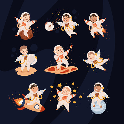 Little children astronauts set. Kids cosmonaut characters floating in outer space cartoon vector illustration