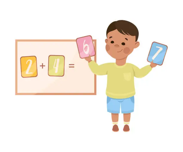 Vector illustration of Cute little boy solving math examples. Preschool kid studying at mathematics lesson cartoon vector illustration