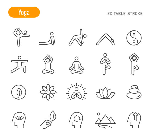 ilustraciones, imágenes clip art, dibujos animados e iconos de stock de iconos de yoga - serie de líneas - trazo editable - posición del loto