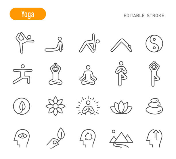 illustrazioni stock, clip art, cartoni animati e icone di tendenza di icone yoga - serie line - tratto modificabile - posing