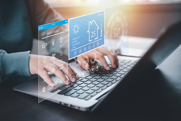 istock Hand using AI smart tablet with smart home app on the room, circular interface of the smart home automation assistant on the virtual screen and user touches the button, smart home digital interface 1543544070