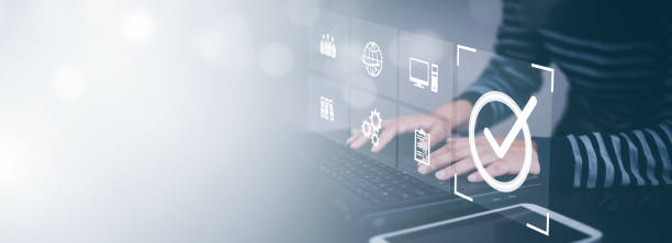 istock Business people working with laptop or computers service Quality assurance, Quality Assurance Control and improvement. Standardization, certification concept. Compliance to regulations and standards. 1543545194