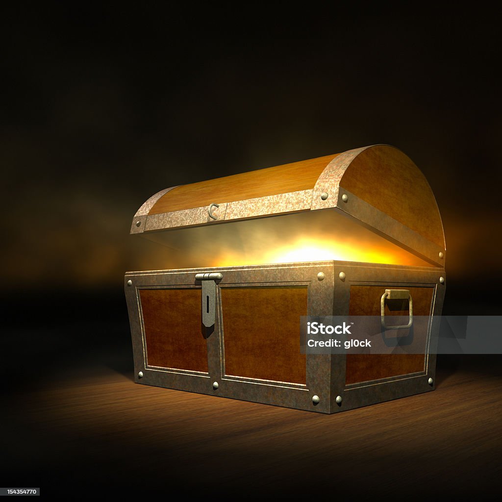 Treasure chest Old wooden treasure chest with strong glow from inside Treasure Chest Stock Photo