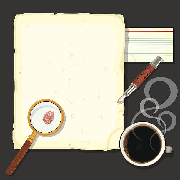 illustrazioni stock, clip art, cartoni animati e icone di tendenza di omicidio mistero detective scrivania con caffè bollente - killing
