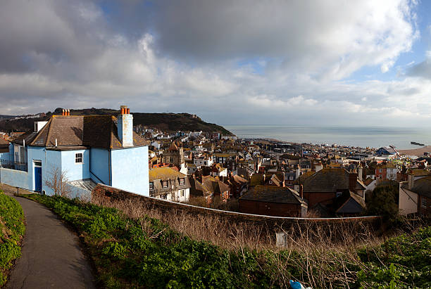 Hastings fishing village, view of the old town. seaside holiday resort in east sussex in England. cityscape with english houses