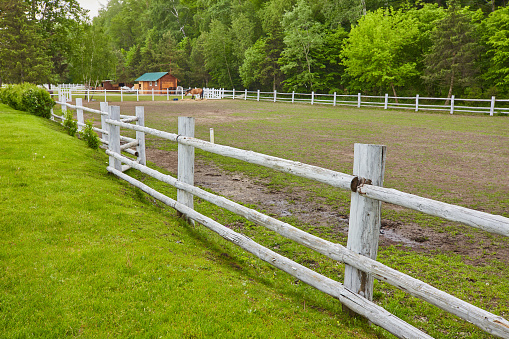 White concrete fence in horse farm field