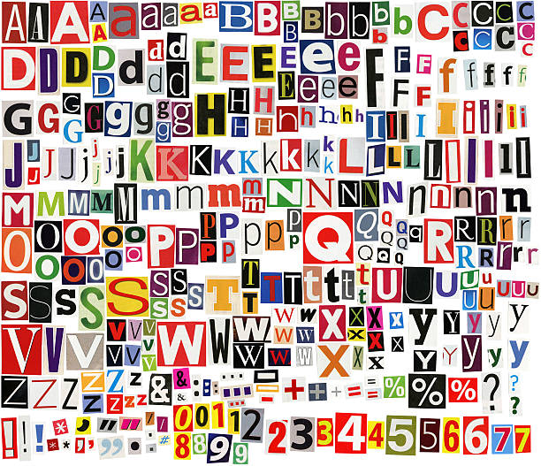 Newspaper clippings alphabet Big size newspaper, magazine alphabet with letters, numbers and symbols. Isolated on white background.  alphabetical order photos stock pictures, royalty-free photos & images