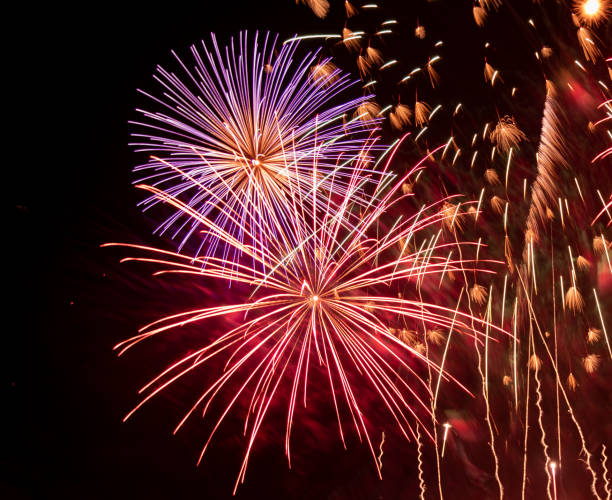 istock Brightly Colorful Fireworks Light Up the Sky. Beautiful New Year Fireworks. Dark Sky. Explosion. Abstract Colored Firework Background 1543634072