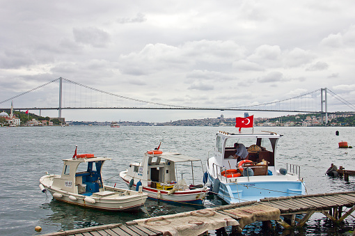Istanbul, Turkey - June 29, 2023: People resting and fishing near the Bosporus between Asia and Europe, the view from beylerbeyi and çengelköy district in a summer day.