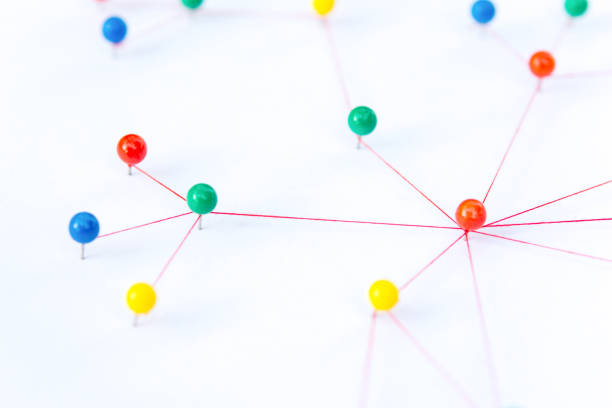 istock Linking entities, Blockchain, social media, Communications Network, The connection between the two networks. Network simulation on paper linked together by yarn 1543647152