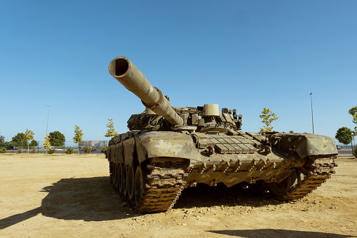 Baku, Azerbaijan - June 26, 2023: A front view of a tank captured from the Armenian Armed Forces or the Republic of Nagorno-Karabakh during the Karabakh war, on display in Baku's War Booty Park