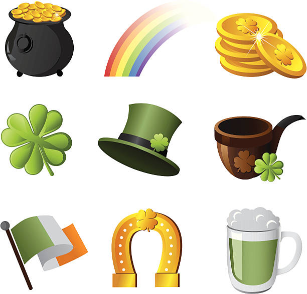 아일랜드 아이콘 세트 - st patricks day pot of gold clover irish culture stock illustrations