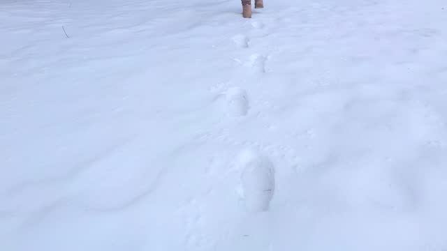 Woman legs in winter boots walking on snow with footprints on snowy day close up