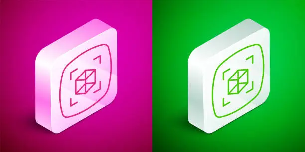 Vector illustration of Isometric line 3d modeling icon isolated on pink and green background. Augmented reality or virtual reality. Silver square button. Vector