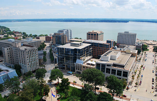 Downtown Madison, Wisconsin Looking southeast over downtown Madison, Wisconsin.  Taken from the top of the Capitol building. dane county photos stock pictures, royalty-free photos & images