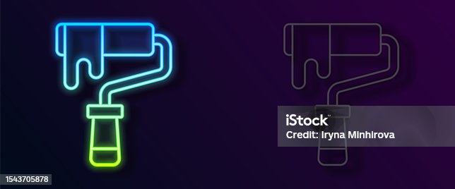 istock Glowing neon line Paint roller brush icon isolated on black background. Vector 1543705878