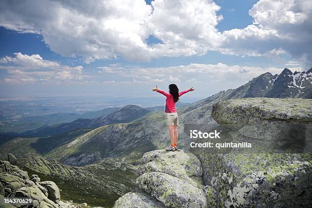 Open Arms Cross Woman At Top Summit Mountains Touch Clouds Stock Photo - Download Image Now