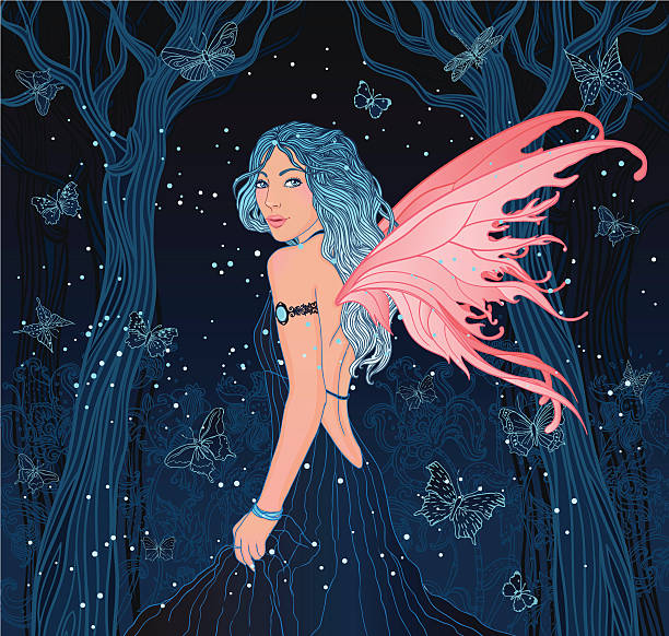 Fantasy fairy in the night forest with butterflies around Illustration of beautiful fantasy fairy walking through the night magic forest with butterflies around. On the background trees and flowers. Fairy has amazing pink wings on her back. dark pink dress stock illustrations