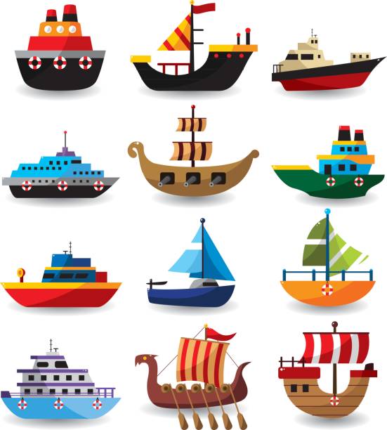 satz von boot - sailing ship sailing sea military ship stock-grafiken, -clipart, -cartoons und -symbole